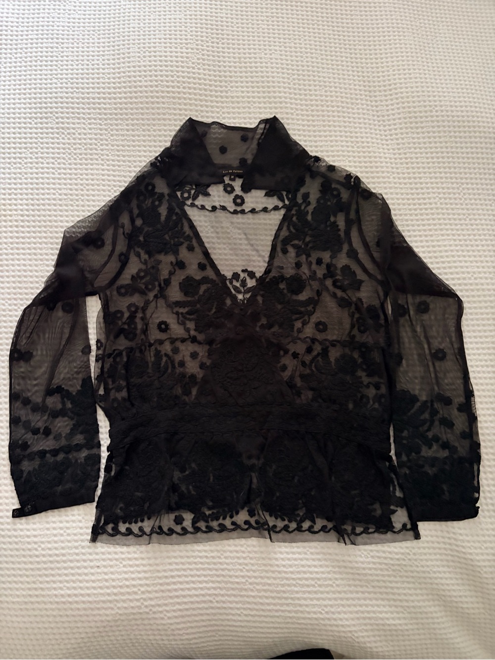 Black Sheer Lace Long-Sleeve Blouse - Women's Top